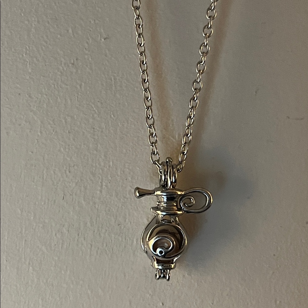 Silver Perfume Vase pendant w/ Pearl inside- necklace opens